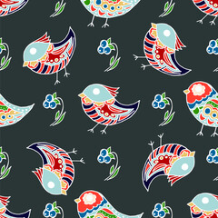  Folk bird and flower ornament. Pattern in hand draw style, created for fabrics