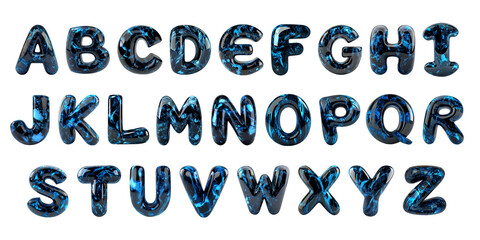 3D-rendered uppercase alphabet with a glossy black and blue marble texture. Modern, futuristic, and bold typography for creative design projects