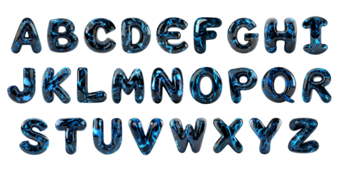 3D-rendered uppercase alphabet with a glossy black and blue marble texture. Modern, futuristic, and bold typography for creative design projects