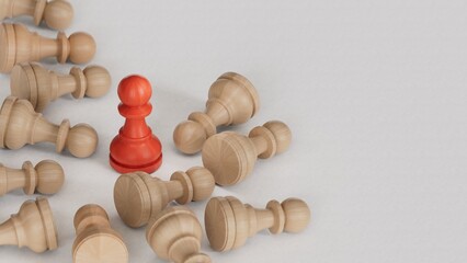 Success in business competition concept. Red figurine and wooden ones.Leadership with business success concept.Made and rendered in C4D, not AI.
