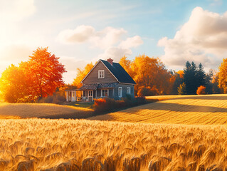 Cozy Countryside House in Golden Wheat Fields During Autumn