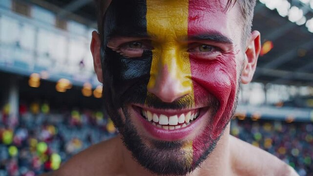 Smiling Belgian man with face painted in Belgium flag colors, passionate sports fan, national pride at stadium  
