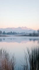 Fototapeta premium Fog envelops tranquil lake reflecting distant mountains at dawn