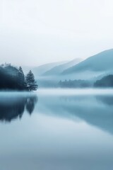 Fototapeta premium Tranquil fog envelops serene lake surrounded by mountains