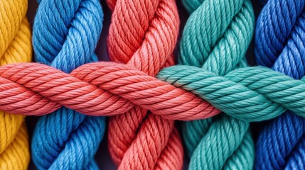 Colorful and Textured Twisted Ropes in Vibrant Shades of Blue, Red, Green, Yellow, Abstract Background