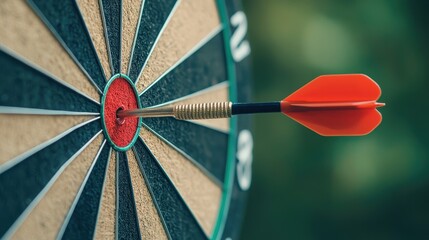 Sharp Dart Hitting Center of Dartboard with Blurred Background for Target Achievement Concept
