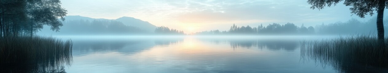 Fototapeta premium Misty lake surrounded by trees at dawn