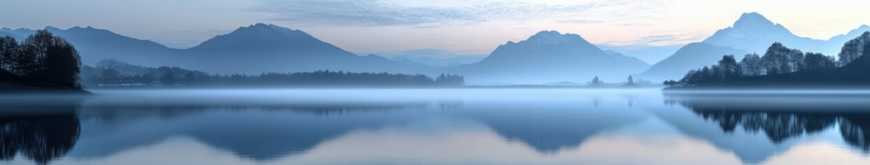 Fototapeta premium Fog blankets a tranquil lake surrounded by mountains at dawn