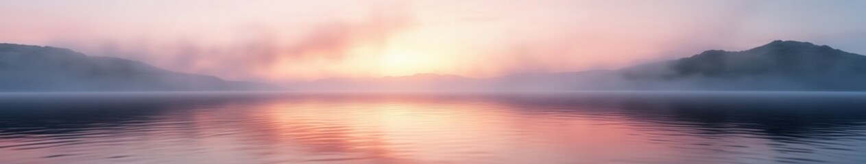 Fototapeta premium Misty sunrise over a calm lake surrounded by mountains