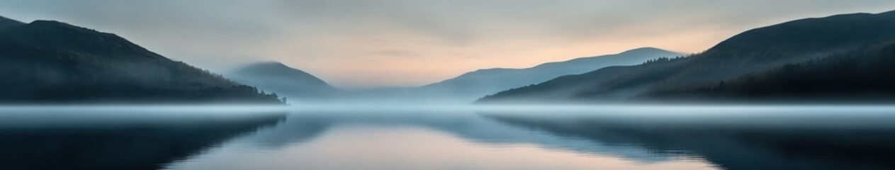 Fototapeta premium Calm waters reflect fog and mountains at dawn