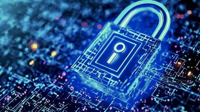 A glowing digital lock encircled by streams of binary code and data points, representing cybersecurity