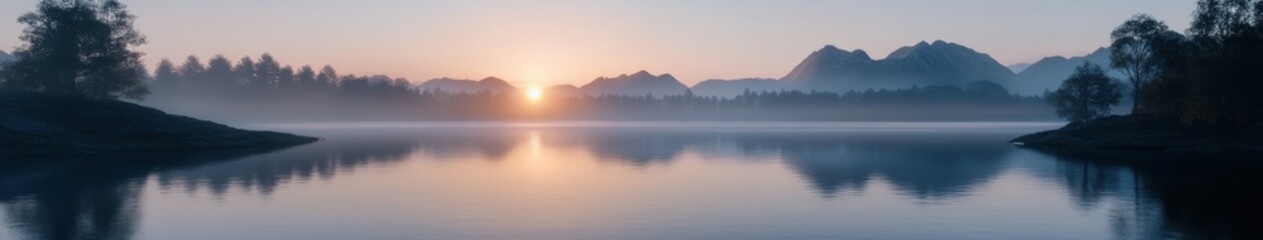 Fototapeta premium Foggy sunrise over a tranquil lake surrounded by mountains