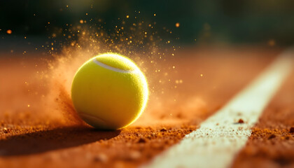Close-up of a tennis ball in motion, just before making contact with the racket strings, with dust particles flying, capturing the intensity and speed of the game.

