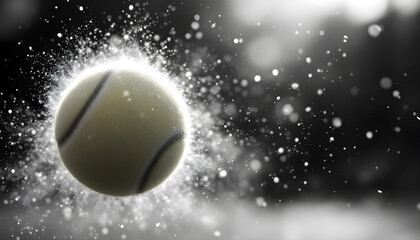 Fototapeta premium Close-up of a tennis ball in motion, just before making contact with the racket strings, with dust particles flying, capturing the intensity and speed of the game. 