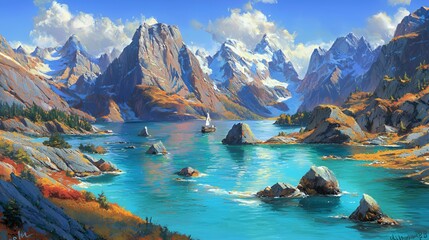 Obraz premium Serene Mountain Lake Landscape with Sailboat