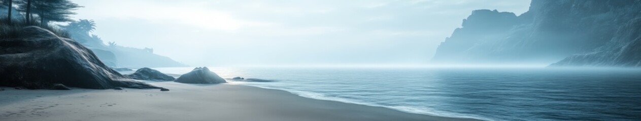 Fototapeta premium Fog envelops serene beach landscape at dawn