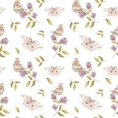 Watercolor pattern, butterflies. Silk moth. Watercolor seamless pattern. Garden motifs. Home textile. Night butterfly. Plant motif. Scrapbooking. Wallpaper.