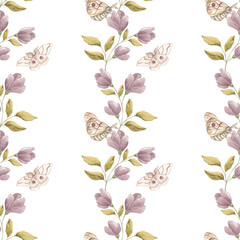 Watercolor pattern, butterflies. Silk moth. Watercolor seamless pattern. Garden motifs. Home textile. Night butterfly. Plant motif. Scrapbooking. Wallpaper.