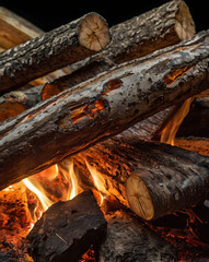 Fototapeta premium Fireplace Glow. Details of firewood with softly glowing coals. Warm flame for a cold evening