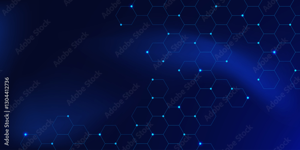 Poster abstract digital technology with hexagon pattern and glowing points on gradient blue color creates a