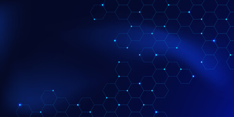 Abstract digital technology with hexagon pattern and glowing points on gradient blue color creates a modern and futuristic look