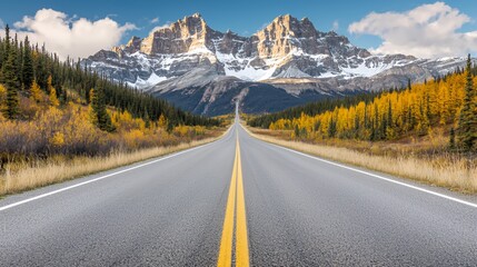 Fototapeta premium Open Road Through Autumnal Landscape Towards Majestic Snow-Capped Mountains