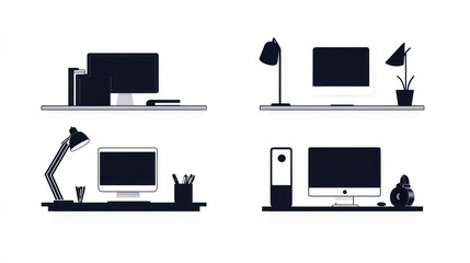 Four minimalist workspace setups on shelves
