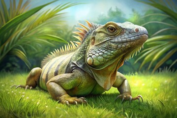 Obraz premium Aerial View of Green Iguana on Lush Grass