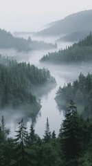 Fototapeta premium Misty river winding through a lush forest landscape