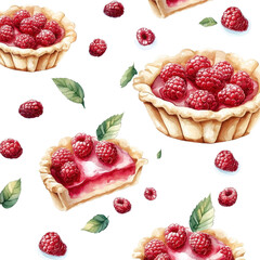 Fototapeta premium Seamless watercolor pattern of raspberry pie isolated on a white background, offering a creative and artistic view. PNG