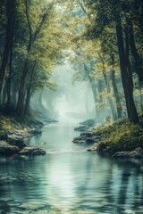 Obraz premium Exploring foggy waterways in a serene forest landscape