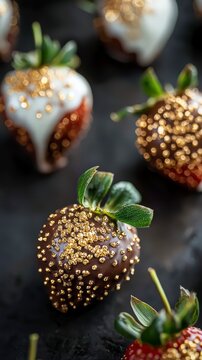 Chocolate Covered Strawberries: Exquisite close-up shot of chocolate-covered strawberries adorned with gold sprinkles, highlighting their decadent appeal, suitable for holiday treats.