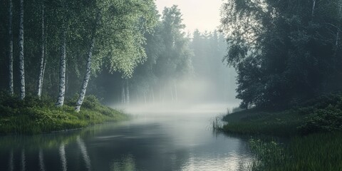 Fototapeta premium Gog shrouded in fog along a tranquil river in a lush forest