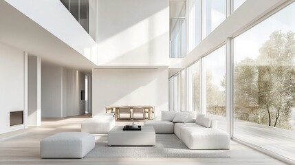 Minimalist living room with clean design and soft light, embodying modern simplicity and elegance.
