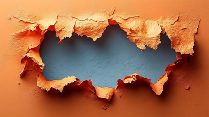 Textured orange paint dramatically peels revealing cool blue underlayer.. AI Generated