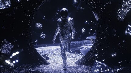 Obraz premium Astronaut's Silver Journey Through Space - An astronaut in a futuristic silver suit walks through a dark, metallic tunnel, symbolizing exploration, discovery, isolation, technology