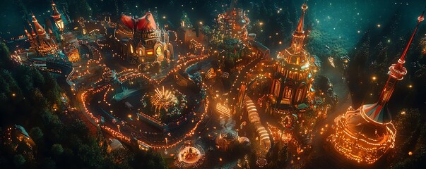 Aerial view of a magical, illuminated fantasy town at night.  Intricate architecture and glowing lights create a whimsical scene.