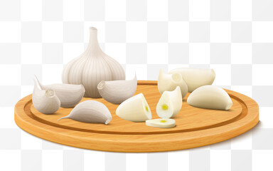 Whole garlic head and garlic cloves on a cutting board isolated on white background. Spice ingredient for cooking and healthy nutrition or condiment product package design. Realistic 3d vector