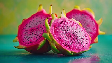 A close-up of a halved dragon fruit, vibrant magenta tones with green spikes