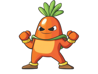 Cartoon-style carrot superhero character, isolated on a transparent or white background