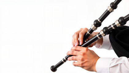 Close-up hands playing bagpipes against white background, musical artistry