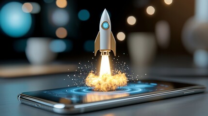 Rocket launch animation on smartphone digital technology showcase modern office environment creative perspective innovative concept
