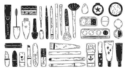 Set of different cosmetics. Face makeup tools doodles. Cute cartoon mascaras, liners, lipsticks, lip gloss, shadows. Vector hand-drawn line illustrations on white background