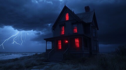 Stormy night coastal haunted house, red lights, thriller film backdrop