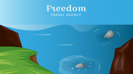 Business card for travel agency. Mountains against the background of sea and sky