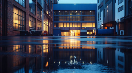 Obraz premium Large modern blue warehouse exterior with wet asphalt reflection at sunset, industrial building.