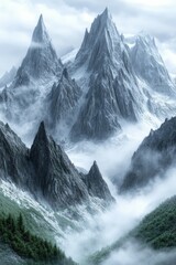 Obraz premium Majestic mountains shrouded in fog and mystery during sunrise