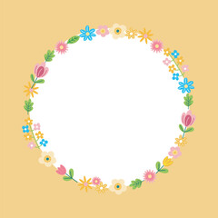 Delicate botanical circle frame with pastel flowers, vintage floral border for greeting cards, vector illustration