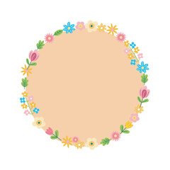 Spring flower wreath with soft pink and yellow blossoms, decorative nature-inspired frame, vector illustration