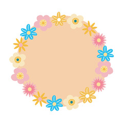 Minimalistic floral round frame with pastel flowers, elegant botanical border for invitations, vector illustration